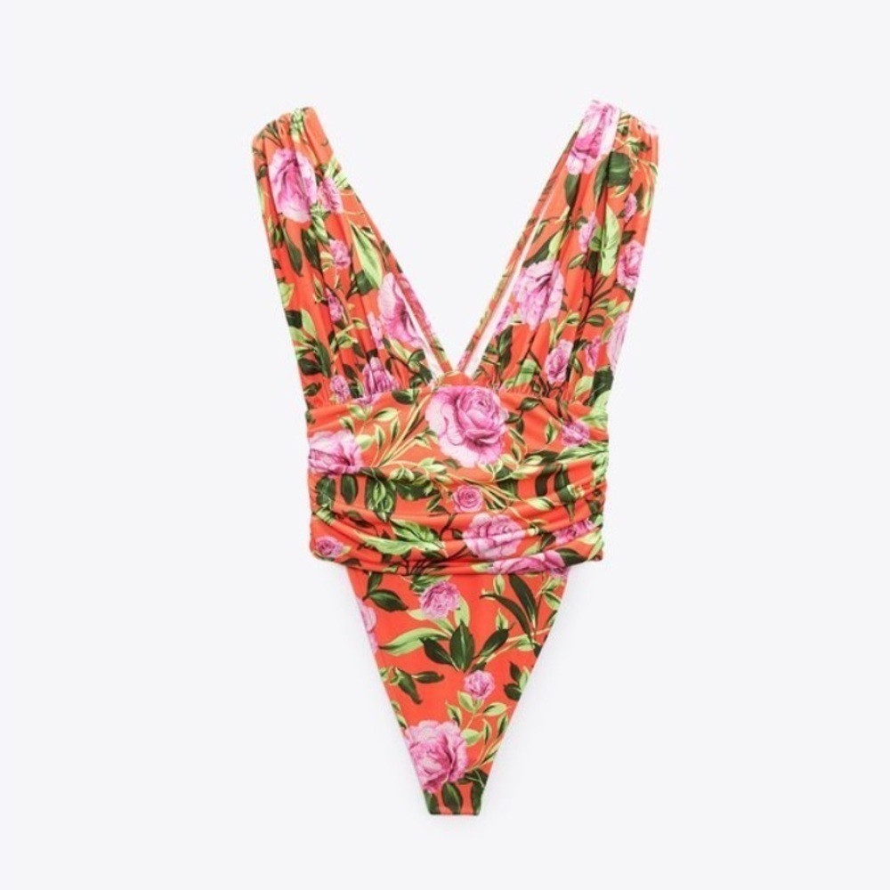 NWOT Zara Floral Draped Bodysuit